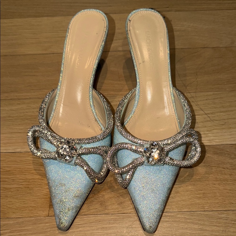 Light Blue Embellished Pointed Toe Slide Heels